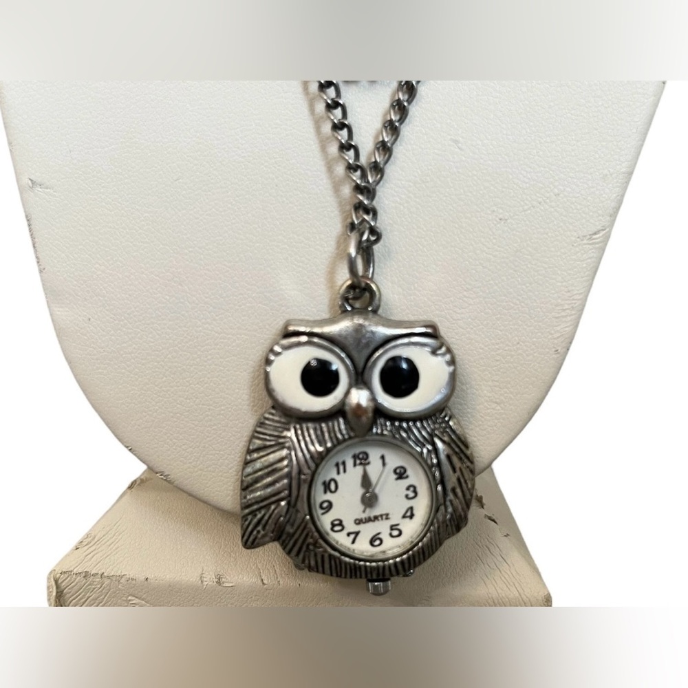 Owl Clock Pendant Necklace with Long Silver Tone Chain